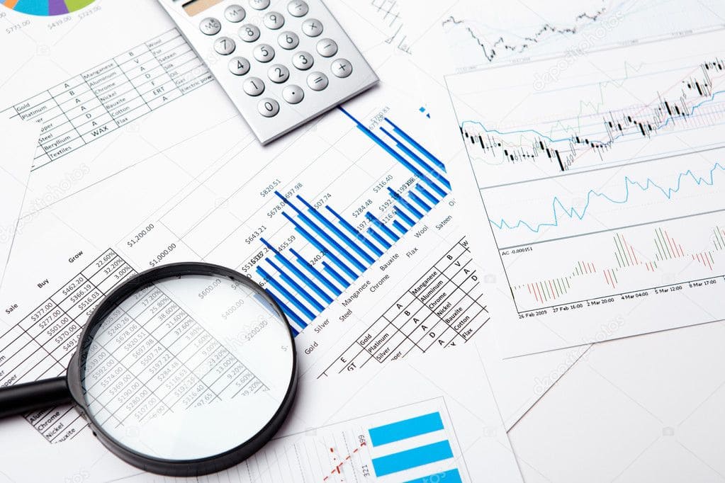 Graphs, Charts, Calculator and Magnifying glass, used to decorate reports